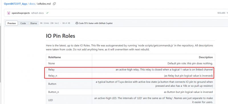 Screenshot showing GPIO pin roles documentation in OpenBK7231T.