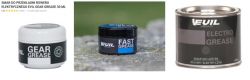 Trzy pojemniki ze smarami Evil Lubricants: Gear Grease, Fast Grease i Electro Grease.
