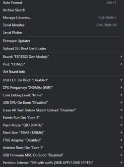 Screenshot of the configuration menu in Arduino IDE.