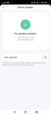 Device update screen in the Tuya app, showing no updates available and the versions of the main and MCU modules.