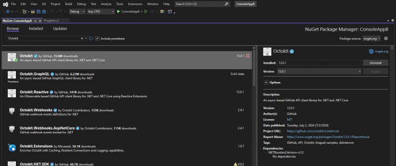 NuGet Package Manager with Octokit Library NuGet Package Manager screen in Visual Studio with the Octokit library installed.