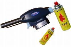 Gas torch with two butane cans.