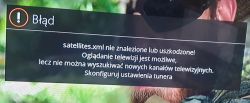 Komunikat błędu na ekranie telewizji dotyczący pliku satellites.xml.