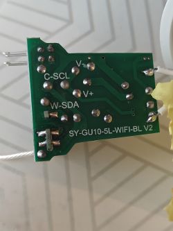 Circuit board labeled SY-GU10-5L-WIFI-BL V2 with pin labels C-SCL and W-SDA and long wires.