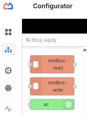 Zrzut ekranu „Configurator” z węzłami: modbus - read, modbus - write oraz ac