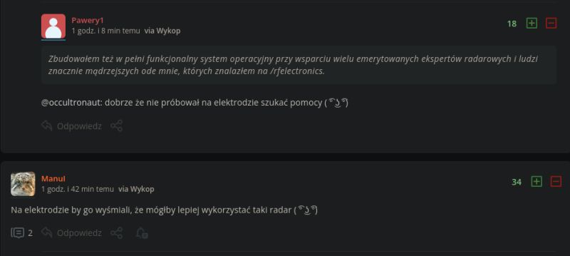Zrzut ekranu dwóch komentarzy na Wykop.pl dotyczących reaktywacji radaru i forum elektroda.pl.