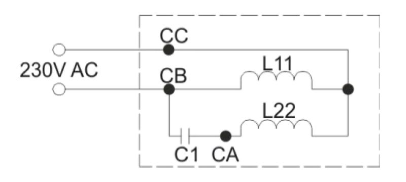 Schemat elektryczny filtra przeciwzakłóceniowego do zasilania 230V AC z cewkami (dławikami) L11, L22 oraz kondensatorem C1.