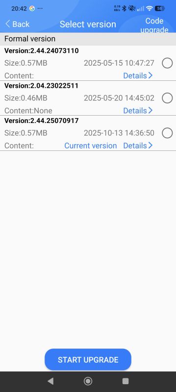 Software update screen showing three selectable firmware versions
