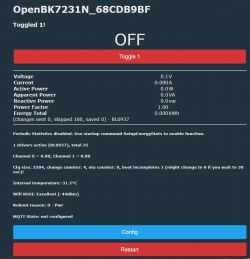 OpenBK7231N user interface displaying device status and monitoring information.