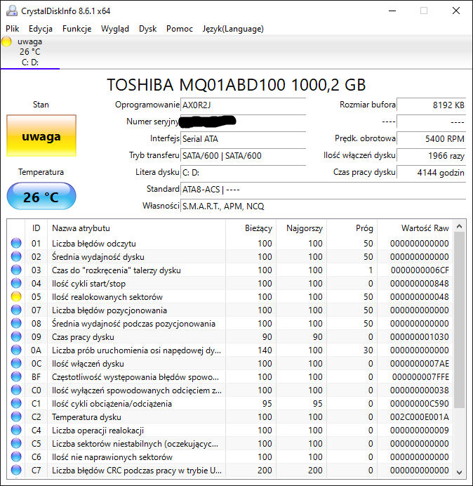 Naprawa Bad Sektorów Na Dysku Toshiba Mq01abd100 Komunikat Cdi 4826