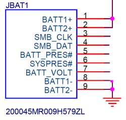 Fragment schematu złącza baterii JBAT1 z pinami BATT1/2, SMB_CLK, SMB_DAT i sygnałami PRES#
