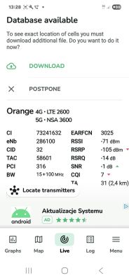 Zrzut ekranu z aplikacji pokazujący szczegóły sygnału sieci 4G i 5G operatora Orange.