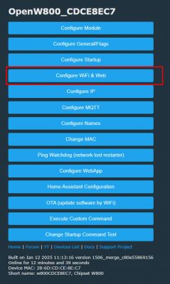 OpenW800 Interface - WiFi and Web Configuration User interface of OpenW800 with WiFi and Web configuration option highlighted.