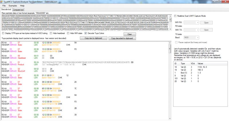Screenshot of TuyaMCU Packet Analysis Screenshot of TuyaMCU Explorer/Analyzer application showing packet data in hex formats.