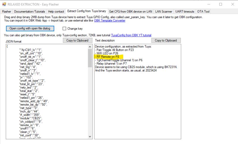 Screenshot of Easy Flasher software with extracted Tuya device configuration
