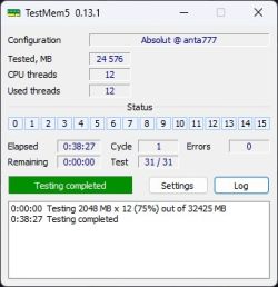 Zrzut ekranu programu TestMem5 pokazujący zakończony test pamięci RAM
