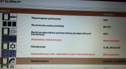 Zrzut ekranu z listą modułów do kodowania w systemie BSI z ikonami i opisem wsparcia parkingowego, wycieraczki przedniej szyby, modułu przełączników itp.