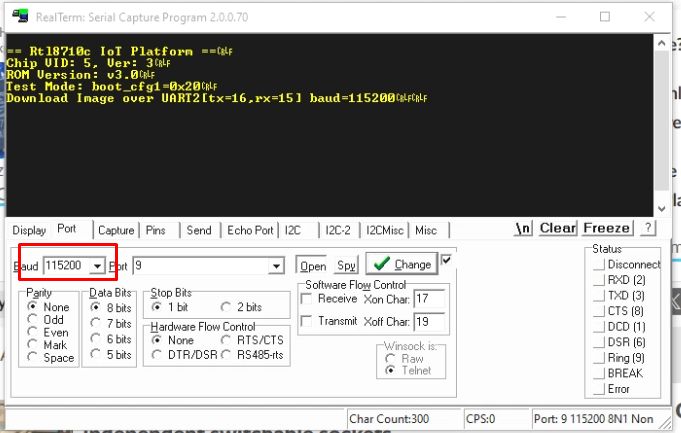 RealTerm Program with UART Settings RealTerm program showing UART connection settings.