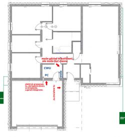 Plan domu z zaznaczoną lokalizacją kotłowni, garażu i problematycznych miejsc do instalacji.
