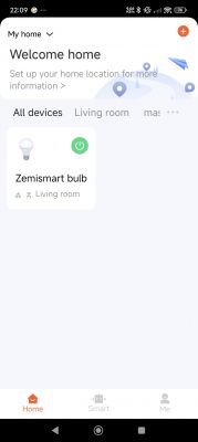 Smart home management app interface with an enabled Zemismart bulb.