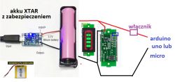 Schemat połączenia akumulatora 18650 z modułami do ładowania i Arduino.
