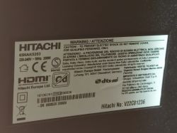 Rating label of a Hitachi TV with warning text and logos including HDMI and dtsHD.