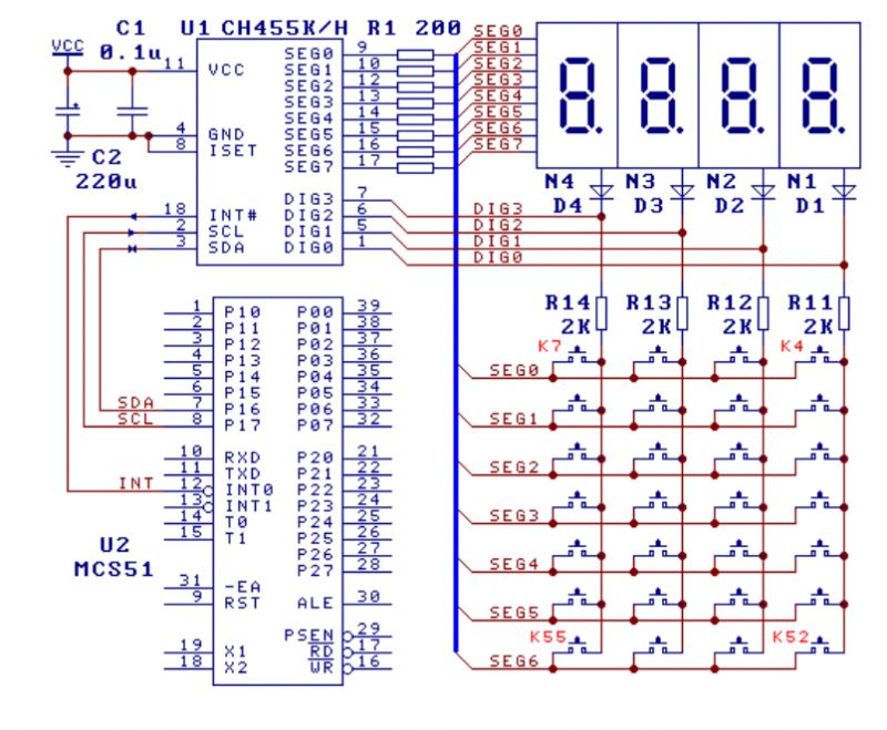 Schemat układu połączeń dla kontrolera z wyświetlaczem 7-segmentowym.