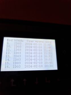 Screen showing inverter event list with error codes ID03 and trigger times.