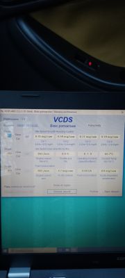 Zrzut ekranu z programu diagnostycznego VCDS pokazujący parametry silnika po płukaniu wtryskiwaczy w samochodzie Audi.