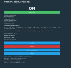 Screenshot of OpenBK7231N interface with active mains relay and parameter readings.