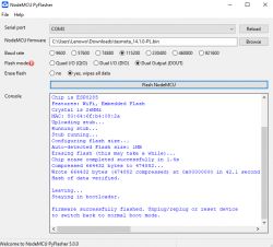 Zrzut ekranu programu NodeMCU PyFlasher podczas flashowania firmware na ESP8285.