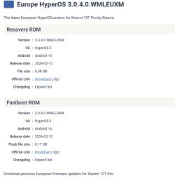 Zrzut strony „Europe HyperOS 3.0.4.0.WMLEUXM” z sekcjami Recovery ROM i Fastboot ROM dla Xiaomi 13T Pro