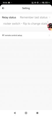 App settings screen with relay status and RF remote control setup options.