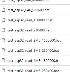 File manager list of BAT files named test_esp32_64K and test_esp32_read variants