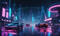 Futuristic City at Night with Neon Lights Futuristic city at night with neon lights and flying cars over a wet street.