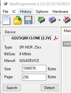 NeoProgrammer screenshot showing GD25Q80 CLONE 3.3V chip and memory parameters