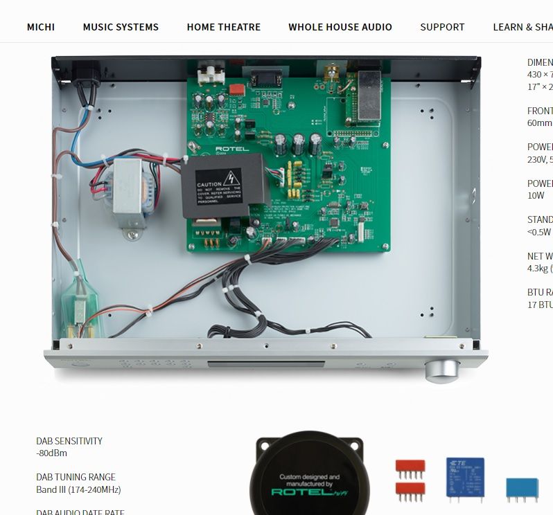Interior of a Rotel FM/DAB tuner showing electronics and specified technical parameters.