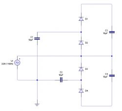 Schematic of a bridge rectifier with capacitors and diodes.