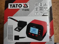 Opakowanie stacji lutowniczej Yato YT-82462 z wyeksponowanymi funkcjami i akcesoriami.