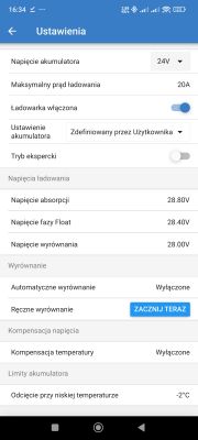 Zrzut ekranu ustawień ładowarki akumulatora