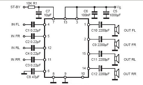 Wzmacniacz na TDA7374. Kondensatory o innej wartości ... tda7388 circuit diagram 
