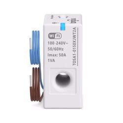 White WiFi energy meter 100–240V with pass-through hole and blue and brown wires with metal tips