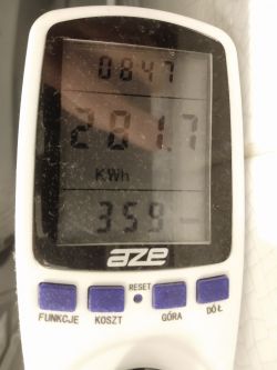 Electric energy meter with display showing 20.17 kWh consumption.