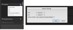 Zrzut ekranu z ustawieniami analizatora I2C w programie Saleae Logic.