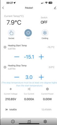 App interface with temperature settings and power status.