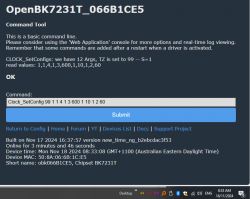 OpenBK7231T tool screen displaying control commands for a device.