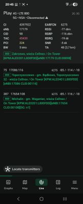 Zrzut ekranu z aplikacji NetMonster pokazujący szczegóły sygnału Play LTE 800.