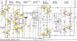 Schemat elektryczny wzmacniacza z oznaczeniami napięć na prawym kanale, wartości pomiarów naniesione na schemacie.