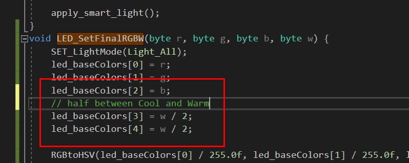 Screenshot of source code for the LED_SetFinalRGBW function with a highlighted section calculating values for Cool White and Warm White channels.