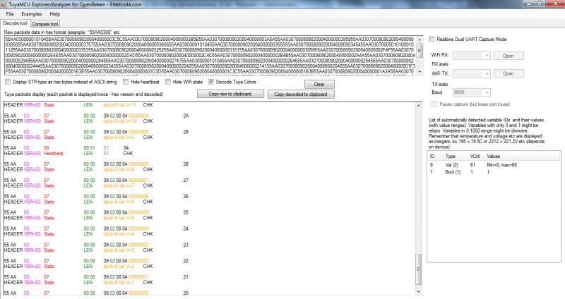 TuyaMCU Explorer/Analyzer Software Screenshot of TuyaMCU Explorer/Analyzer software showing packet data.
